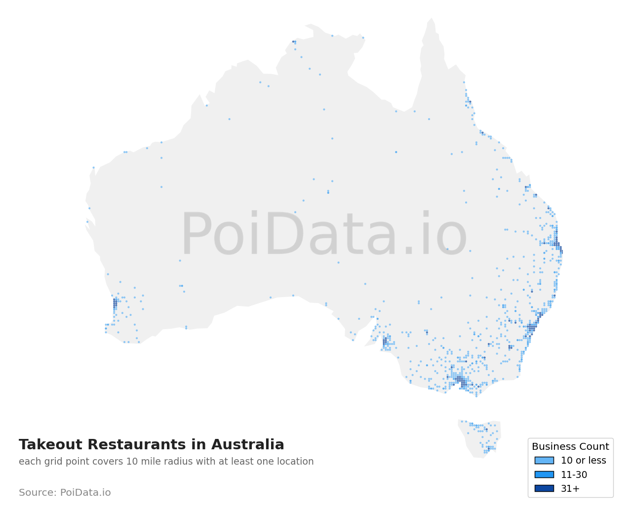 Takeout Restaurant density map for Australia