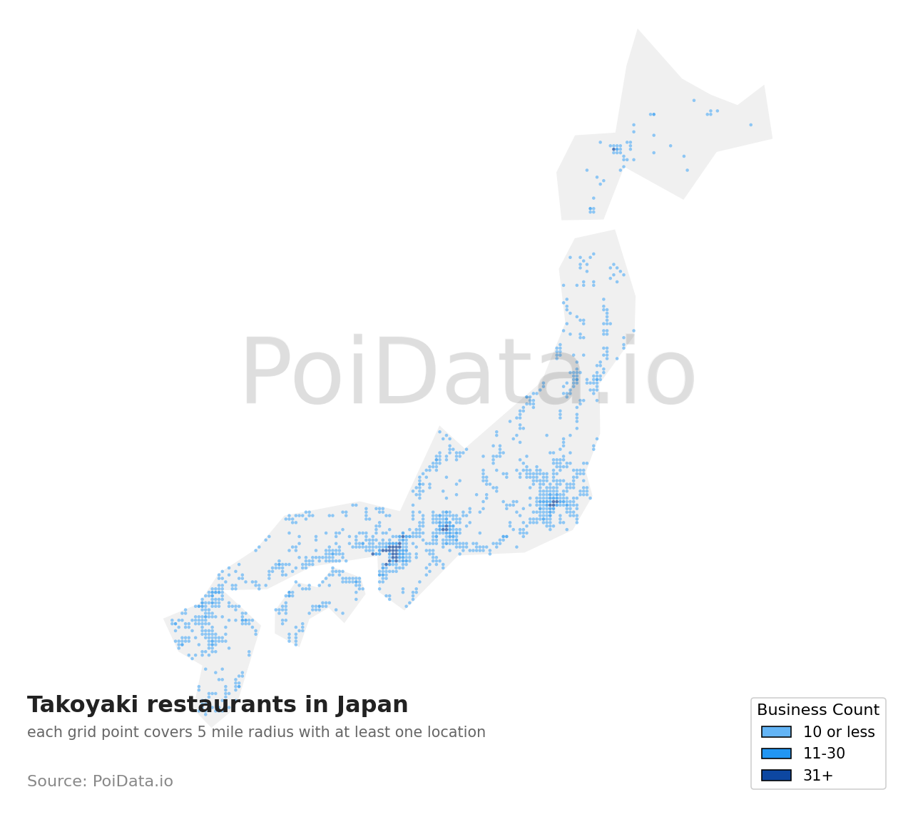 Takoyaki restaurant density map for Japan
