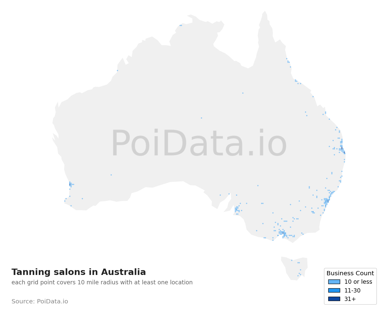 Tanning salon density map for Tasmania, Australia