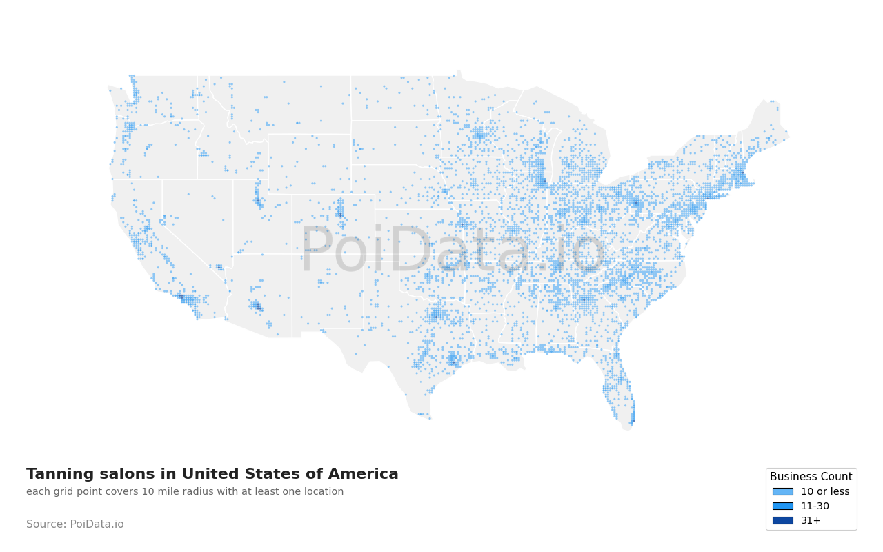 Tanning salon density map for Florida, United States