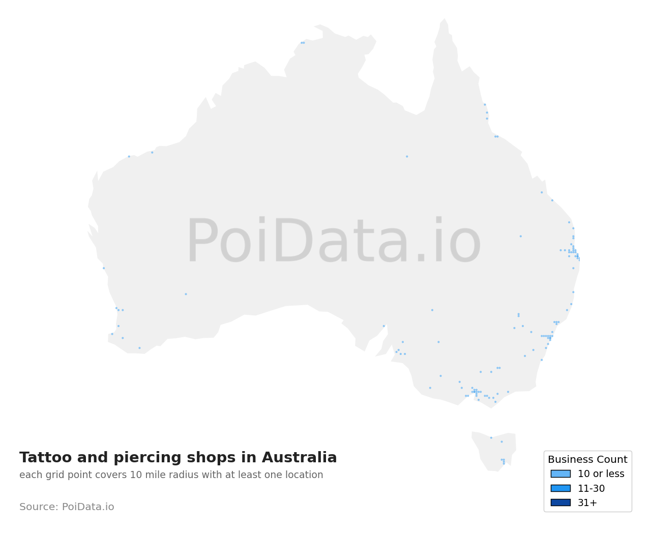 Tattoo and piercing shop density map for Australia