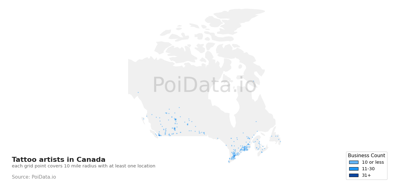Tattoo artist density map for Saskatchewan, Canada