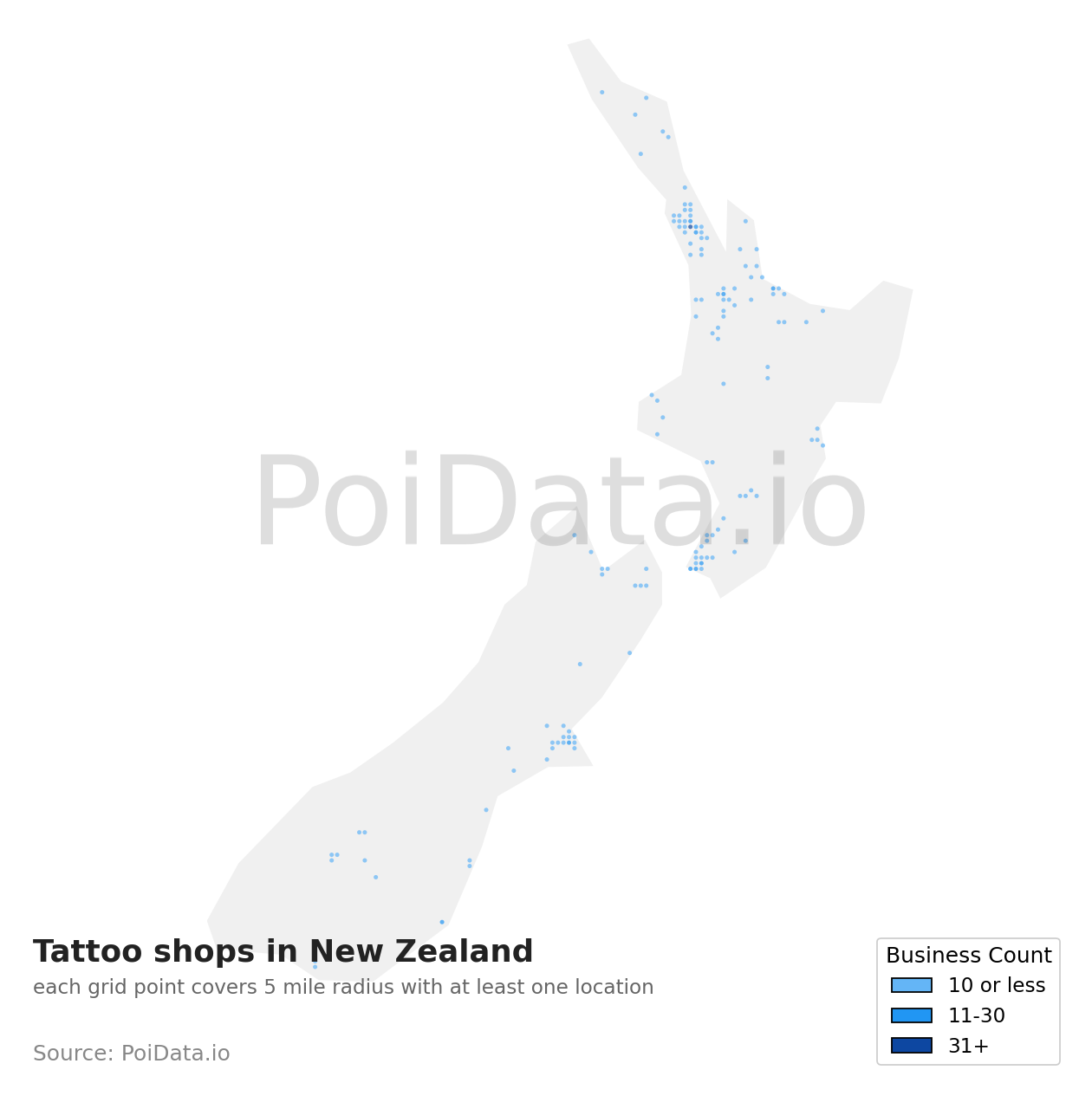 Tattoo shop density map for New Zealand