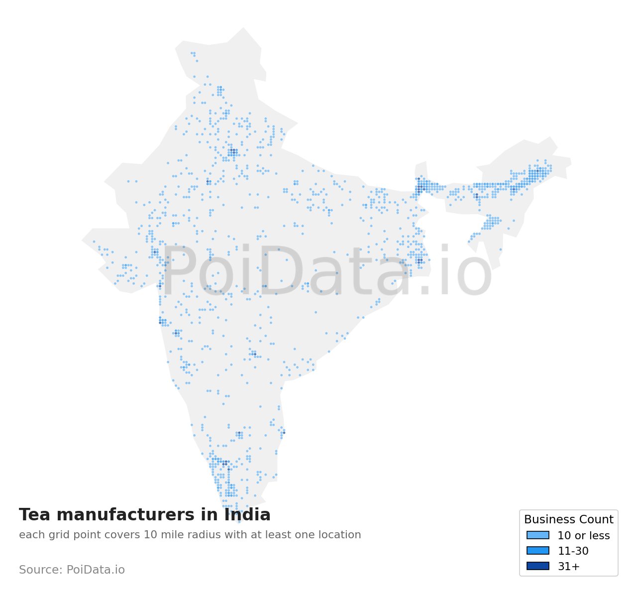 Tea manufacturer density map for India