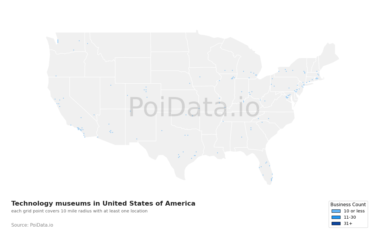 Technology museum density map for California, United States
