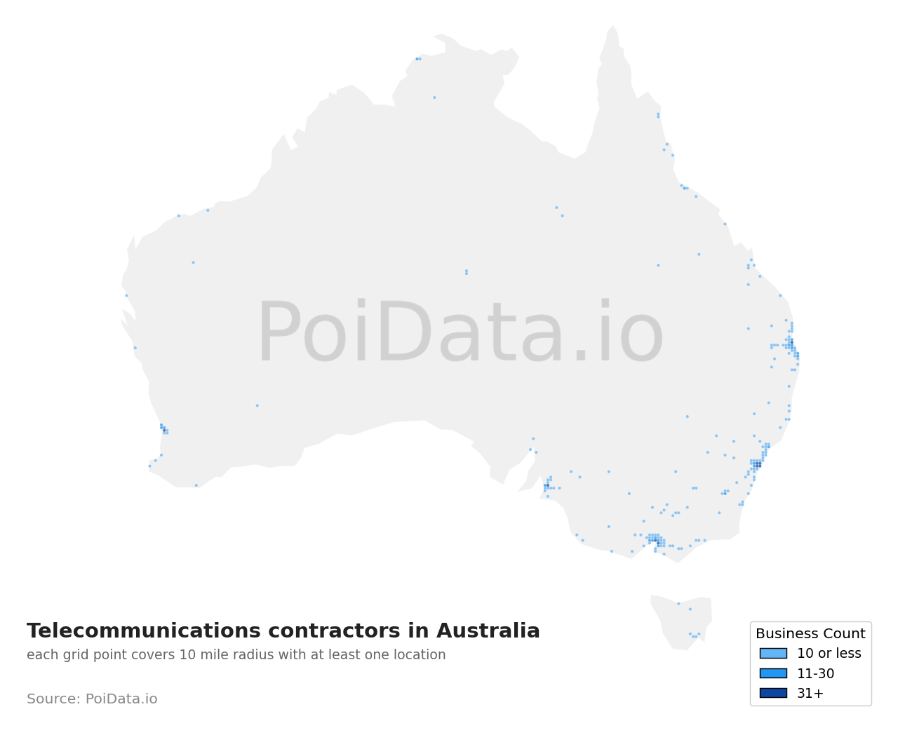 Telecommunications contractor density map for Australia