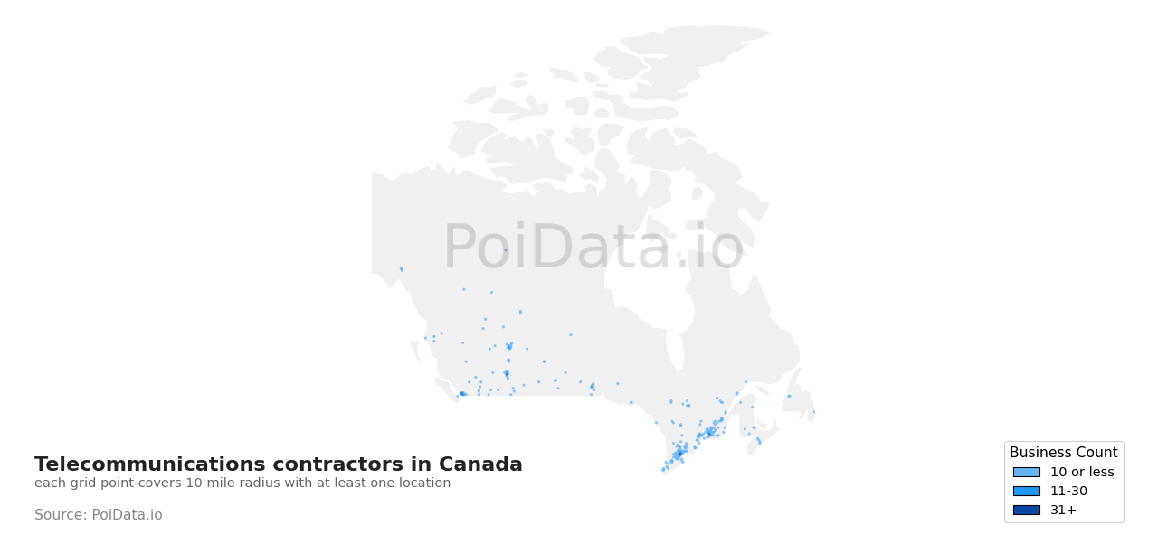 Telecommunications contractor density map for Canada