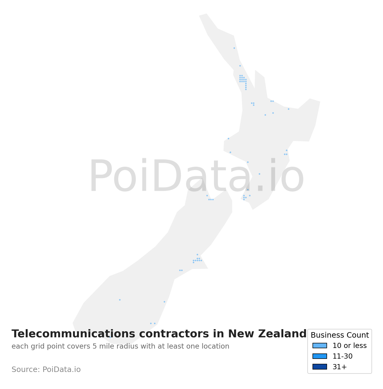 Telecommunications contractor density map for New Zealand