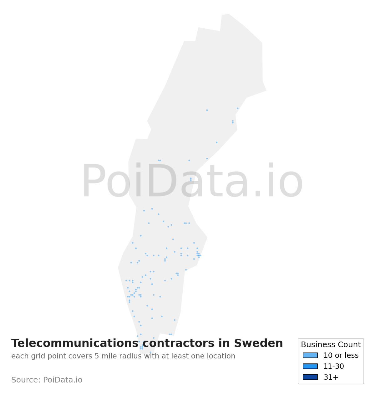 Telecommunications contractor density map for Sweden