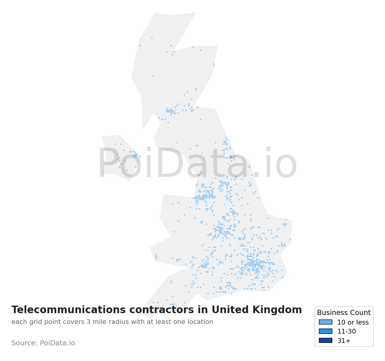 Telecommunications contractor density map for United Kingdom