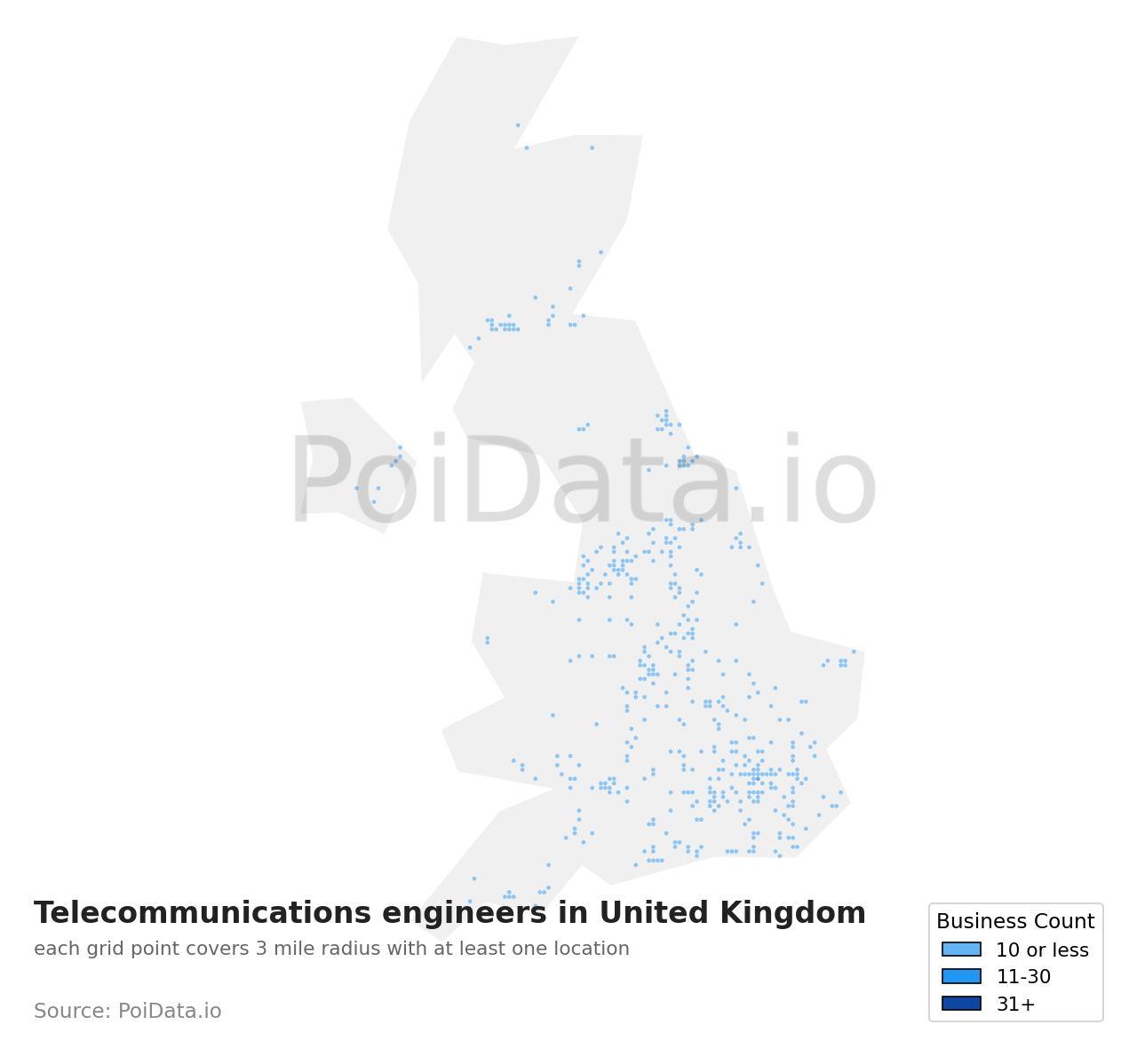 Telecommunications engineer density map for United Kingdom