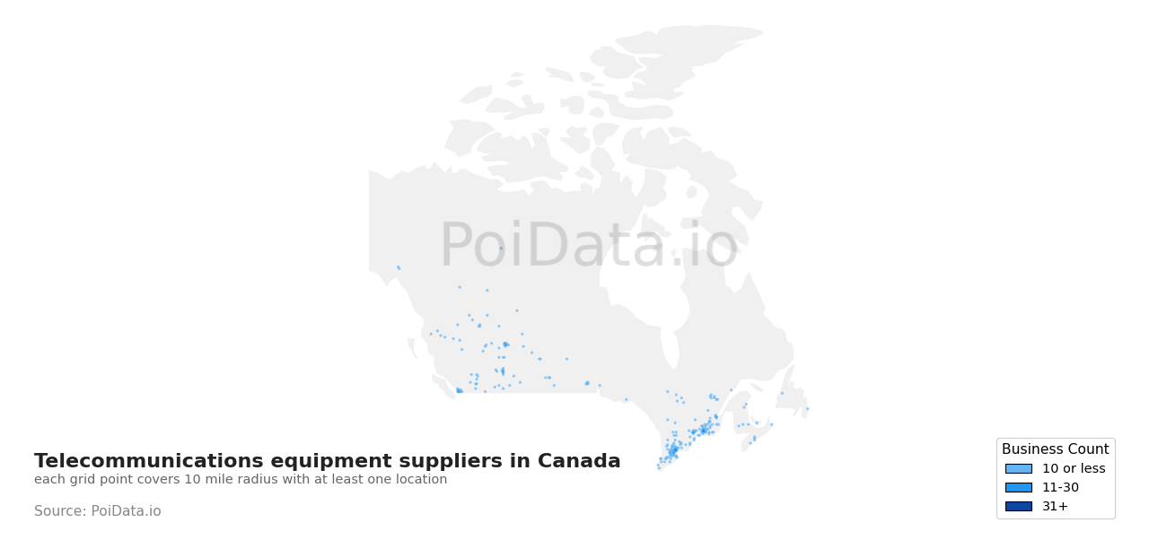 Telecommunications equipment supplier density map for British Columbia, Canada