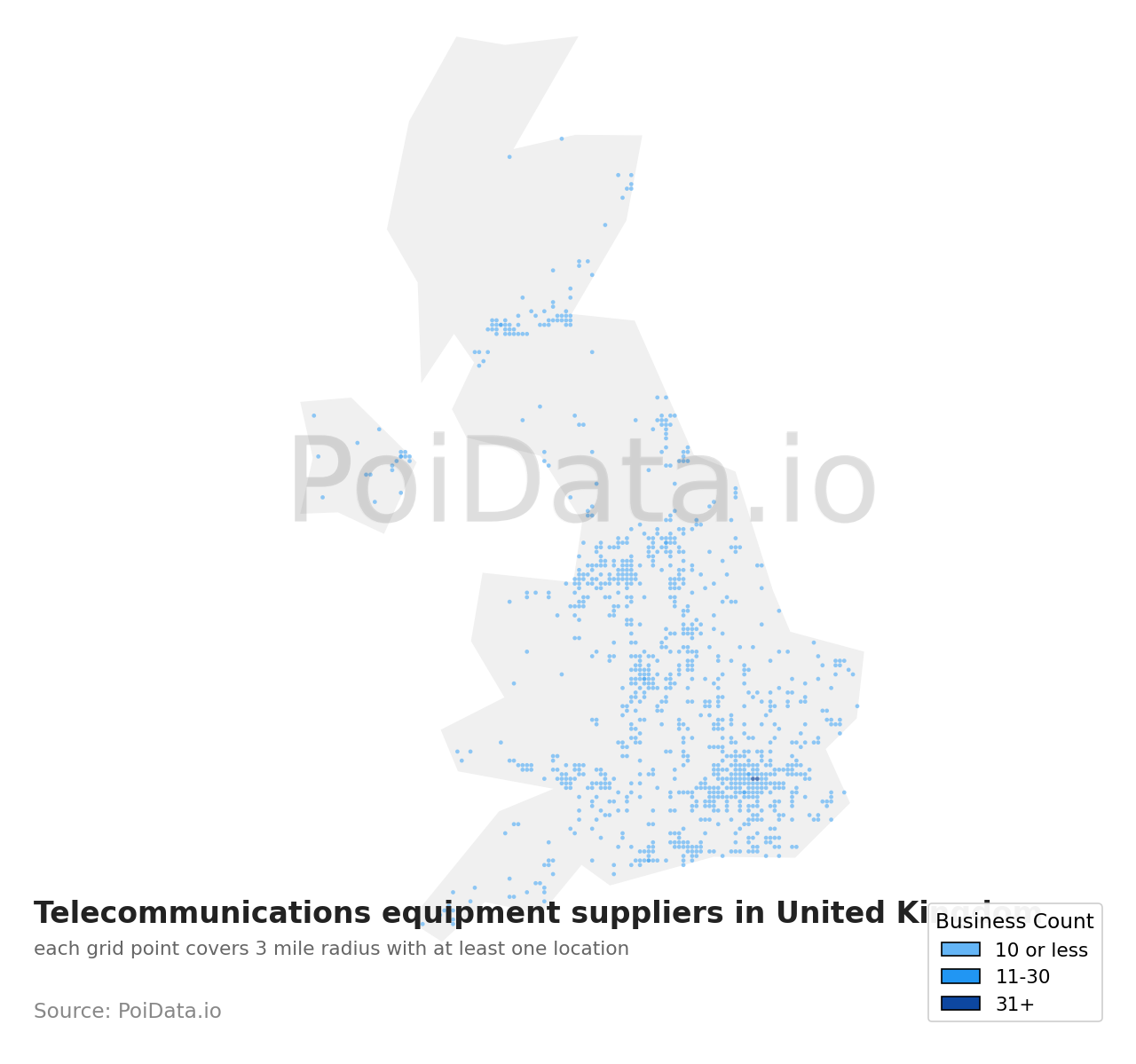 Telecommunications equipment supplier density map for United Kingdom