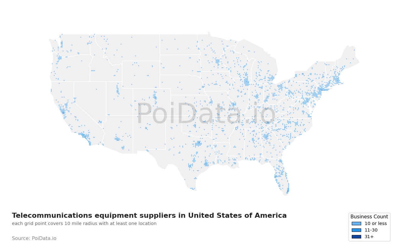 Telecommunications equipment supplier density map for United States