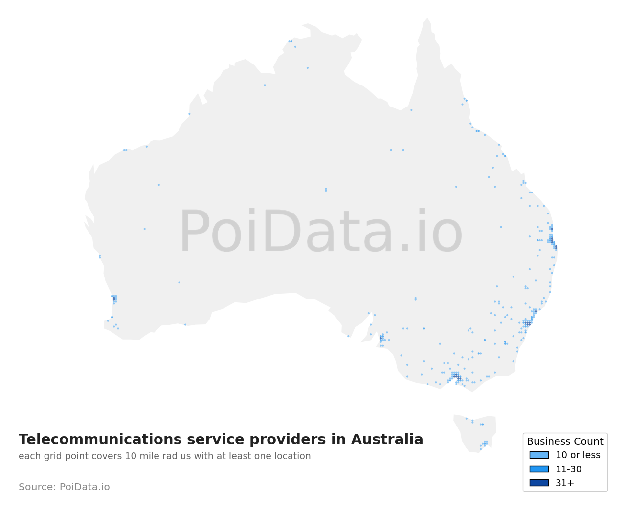 Telecommunications service provider density map for Australia
