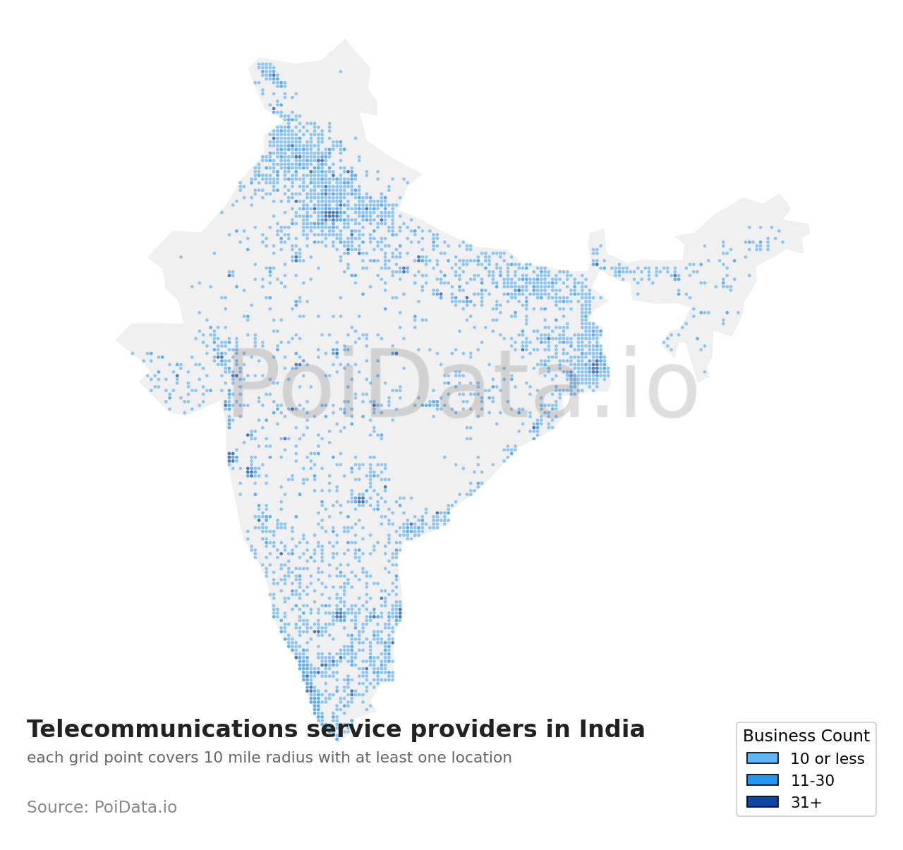 Telecommunications service provider density map for India
