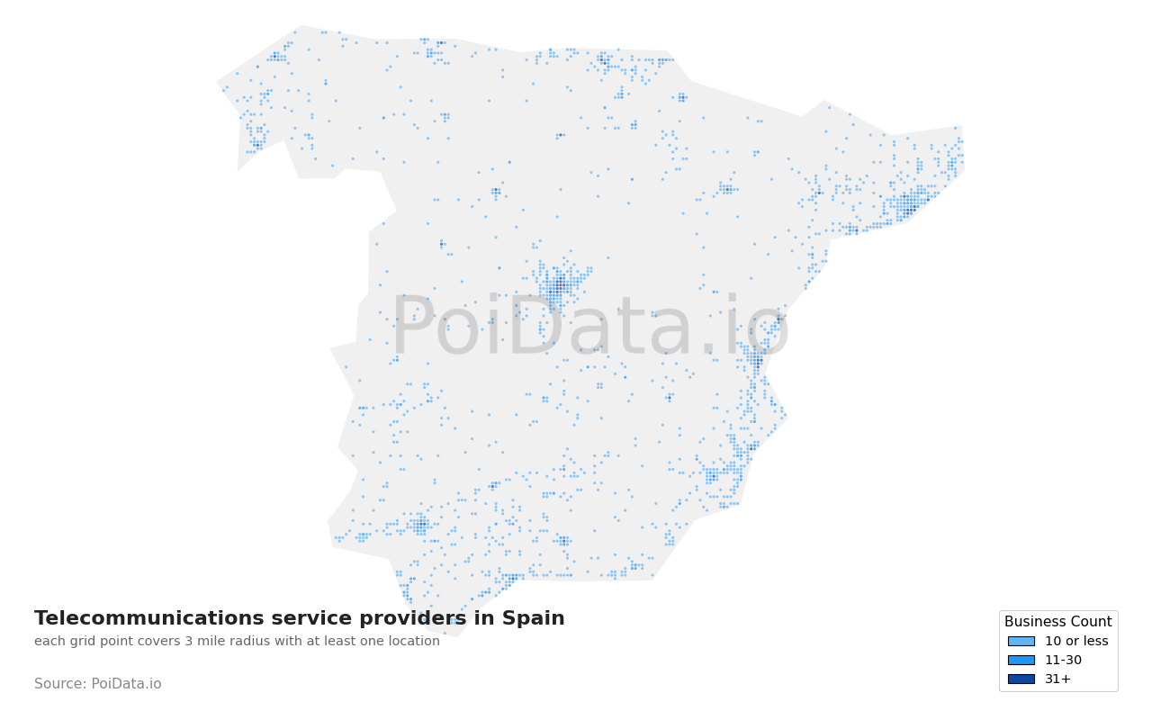 Telecommunications service provider density map for Spain