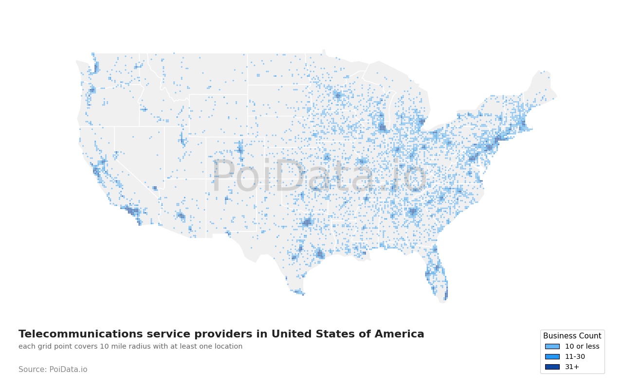 Telecommunications service provider density map for Florida, United States