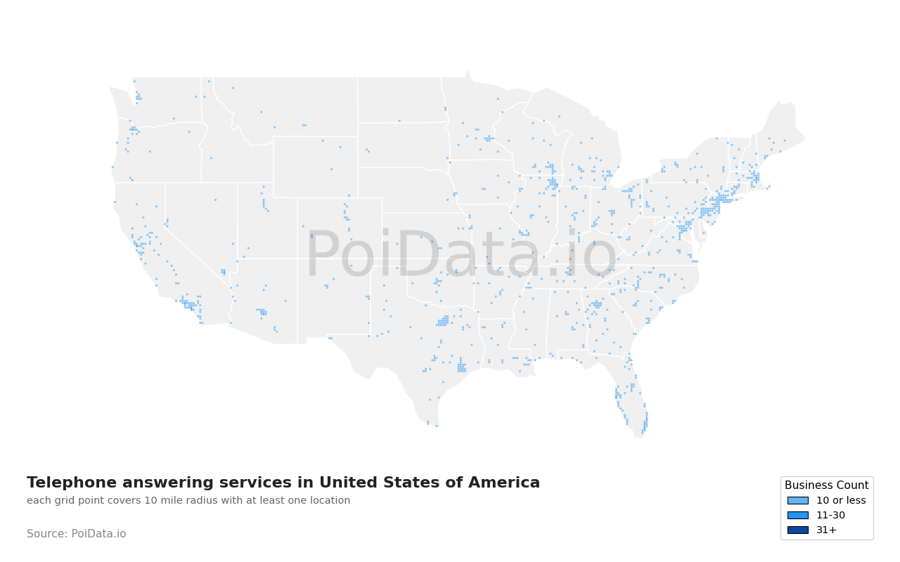 Telephone answering service density map for Florida, United States