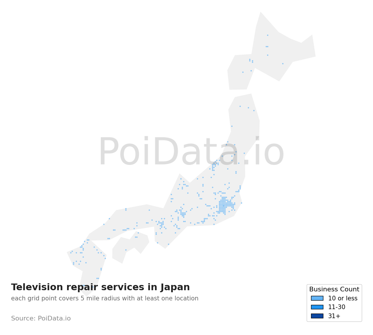 Television repair service density map for Japan