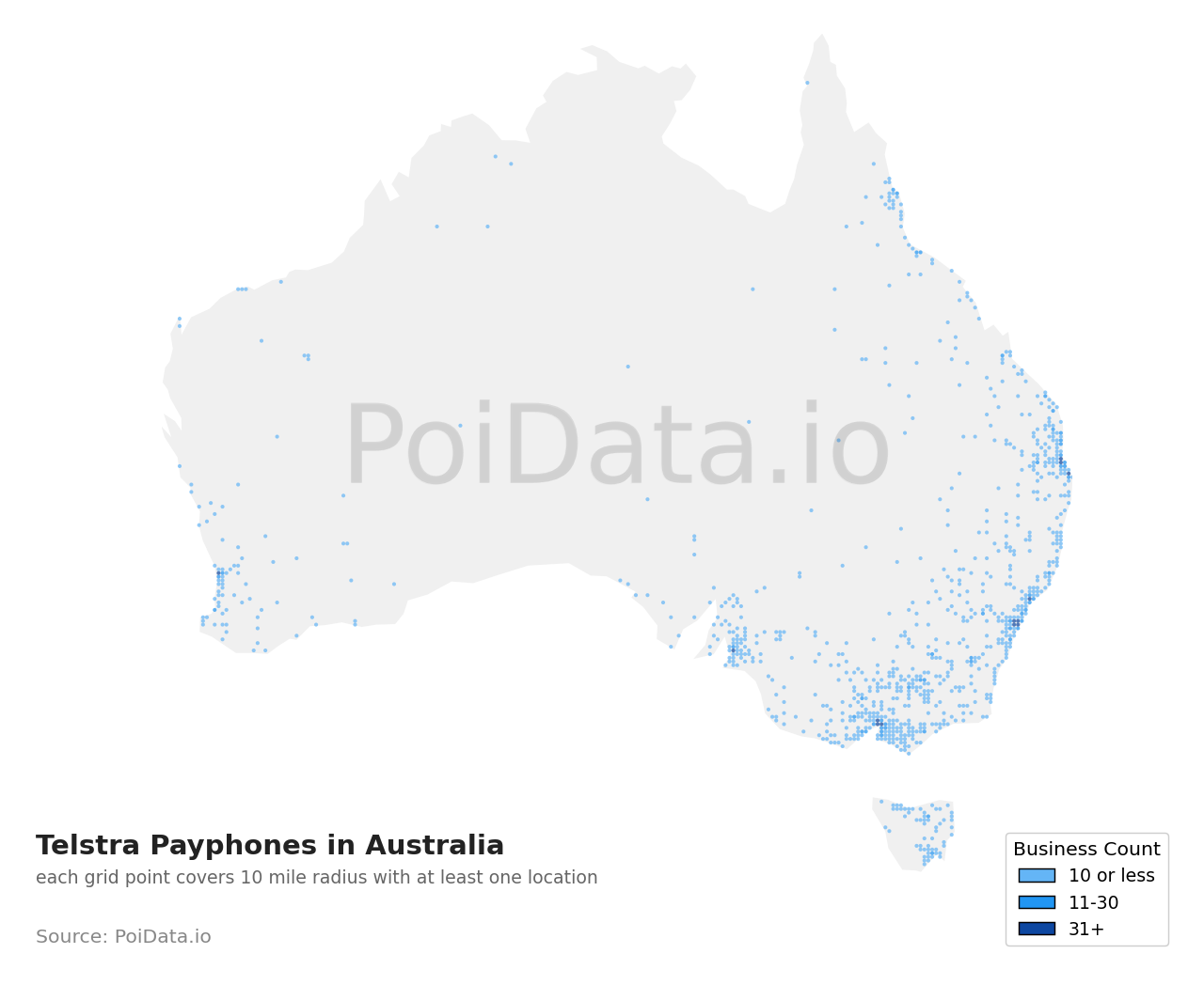 Telstra Payphone density map for Australia
