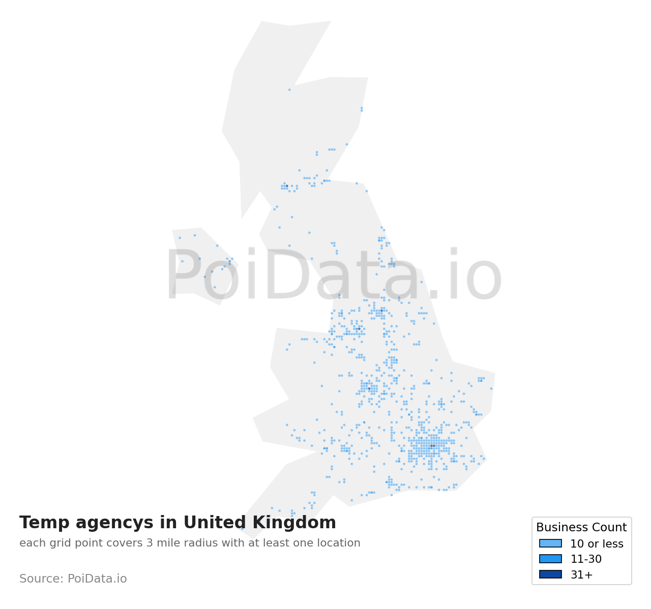 Temp agency density map for United Kingdom