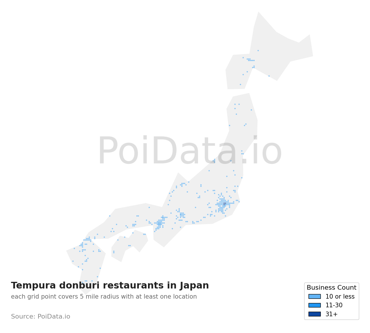 Tempura donburi restaurant density map for Japan