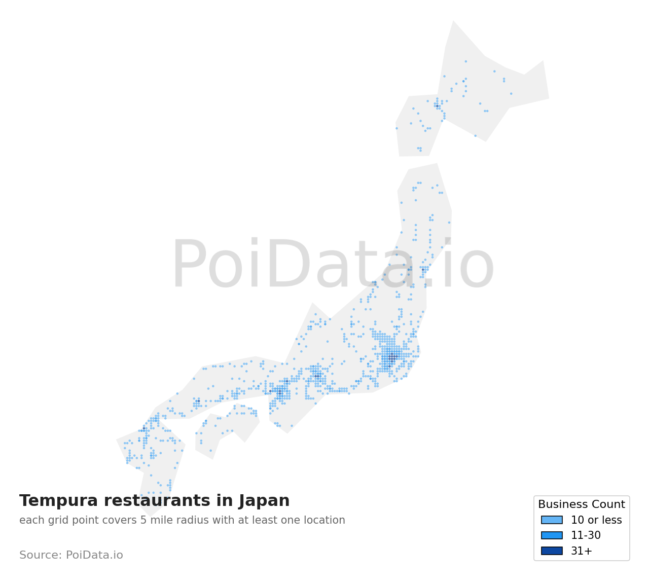 Tempura restaurant density map for Japan