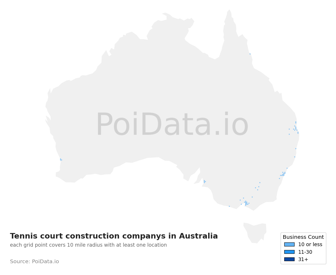 Tennis court construction company density map for Australia