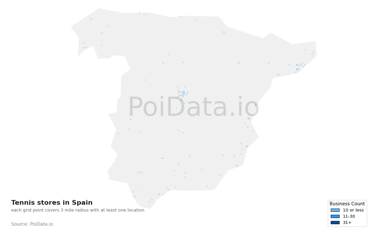 Tennis store density map for Spain