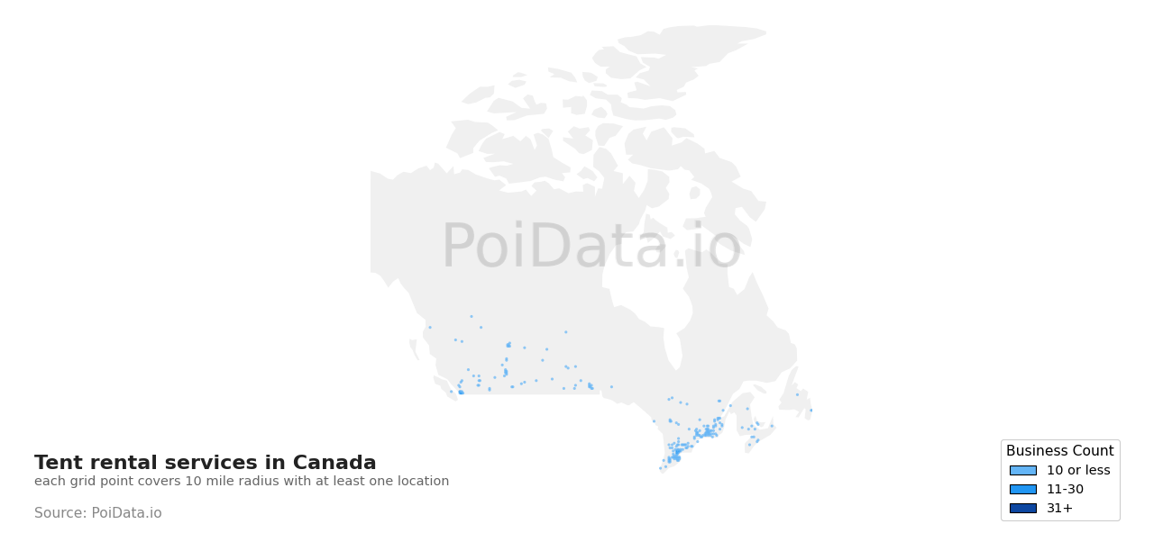 Tent rental service density map for Ontario, Canada