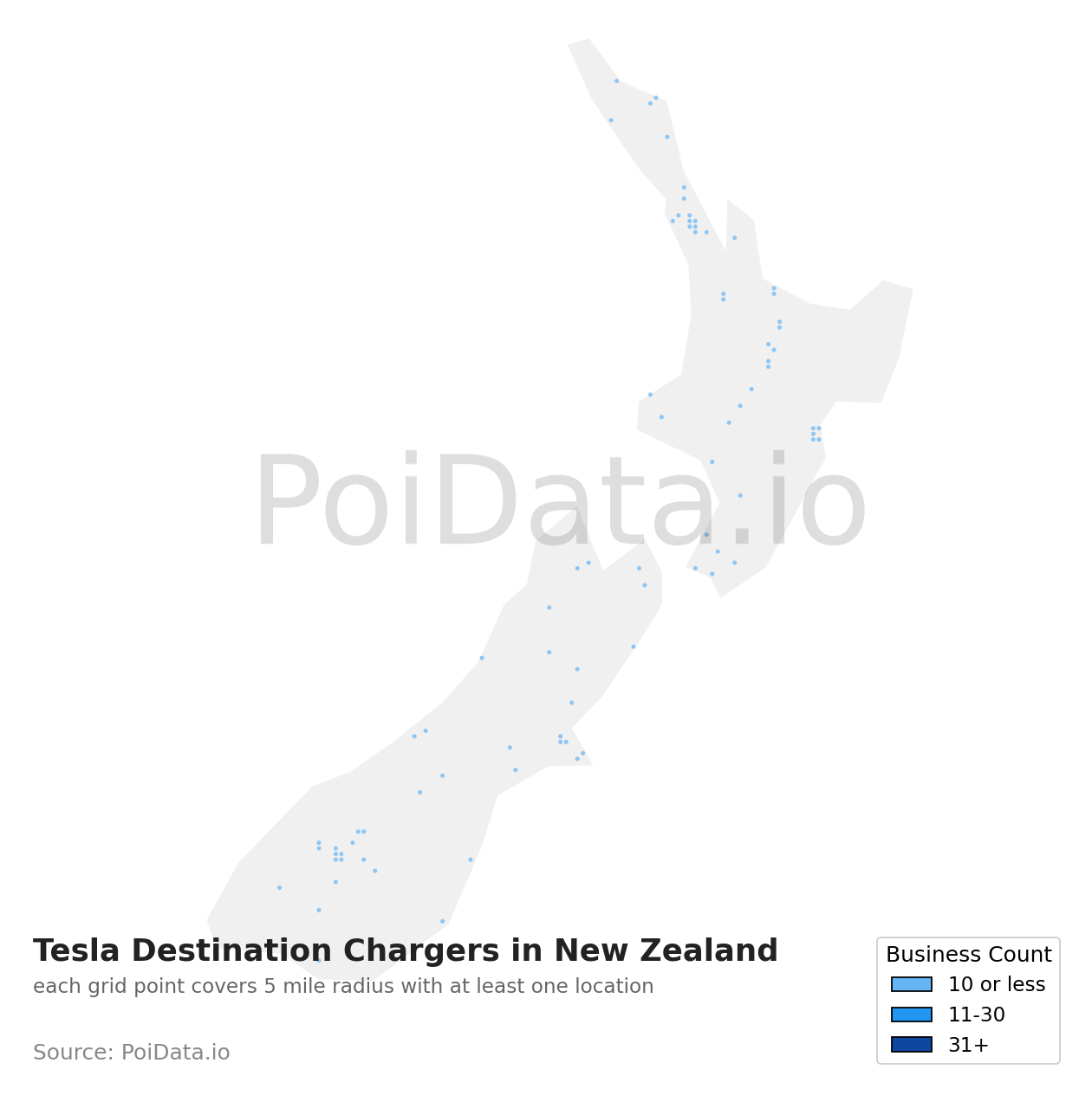 Tesla Destination Charger density map for New Zealand