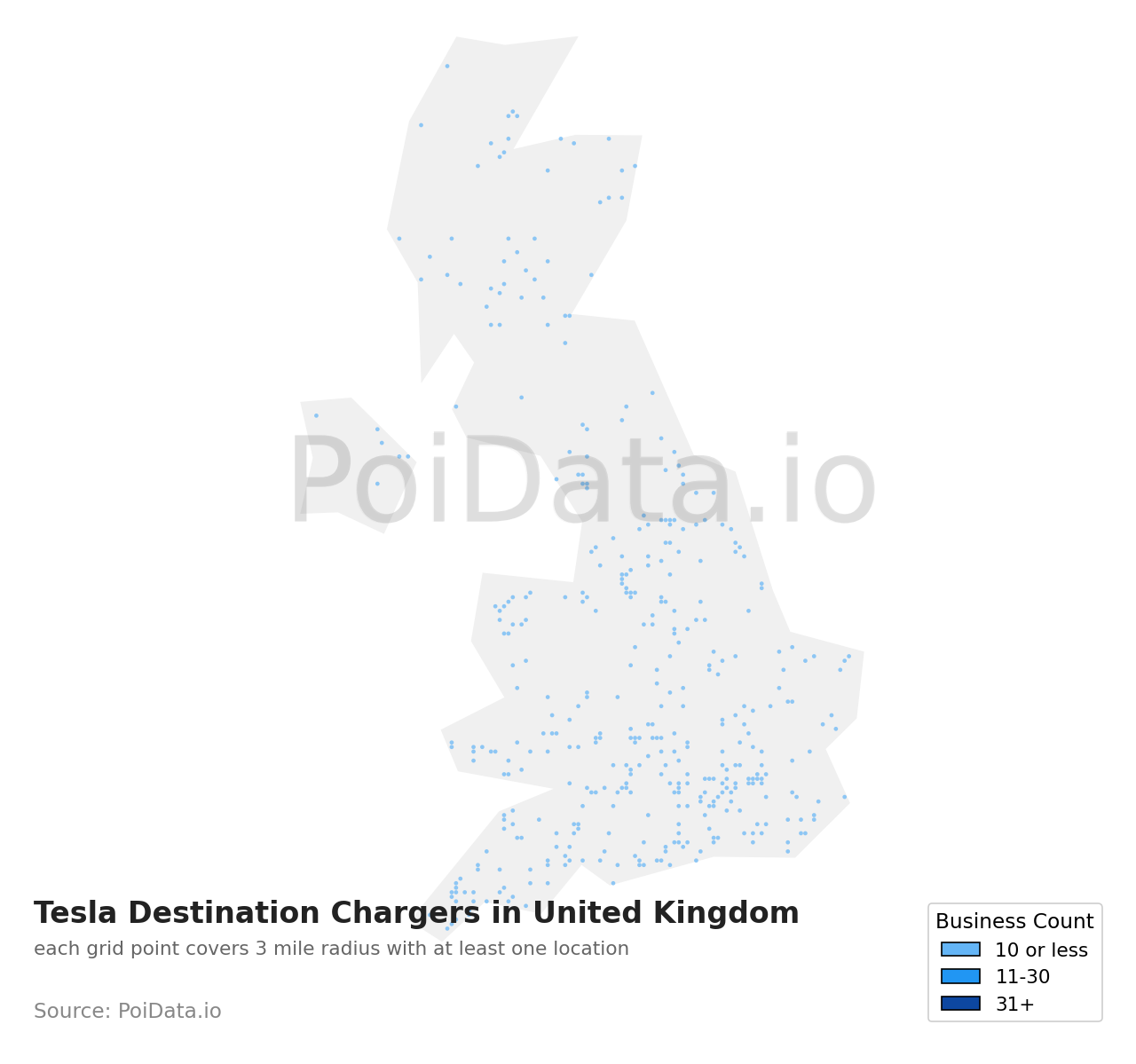 Tesla Destination Charger density map for United Kingdom