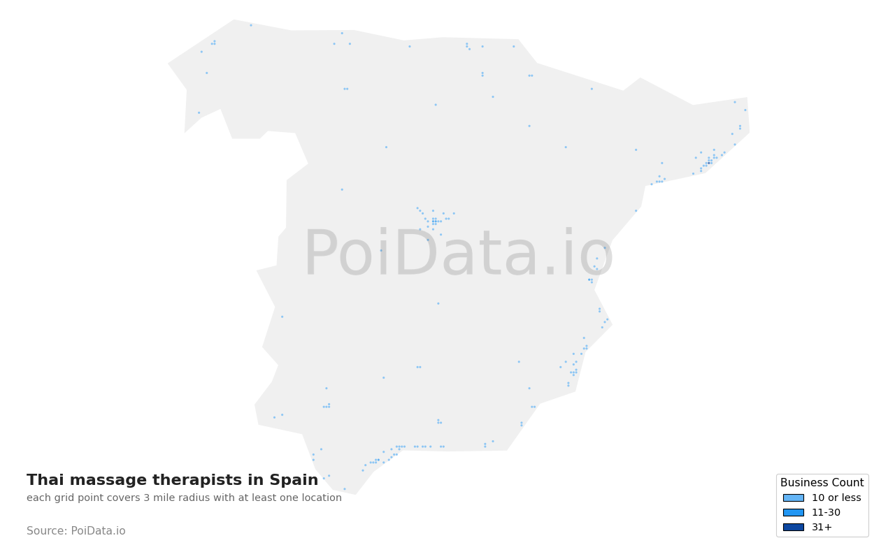 Thai massage therapist density map for Spain