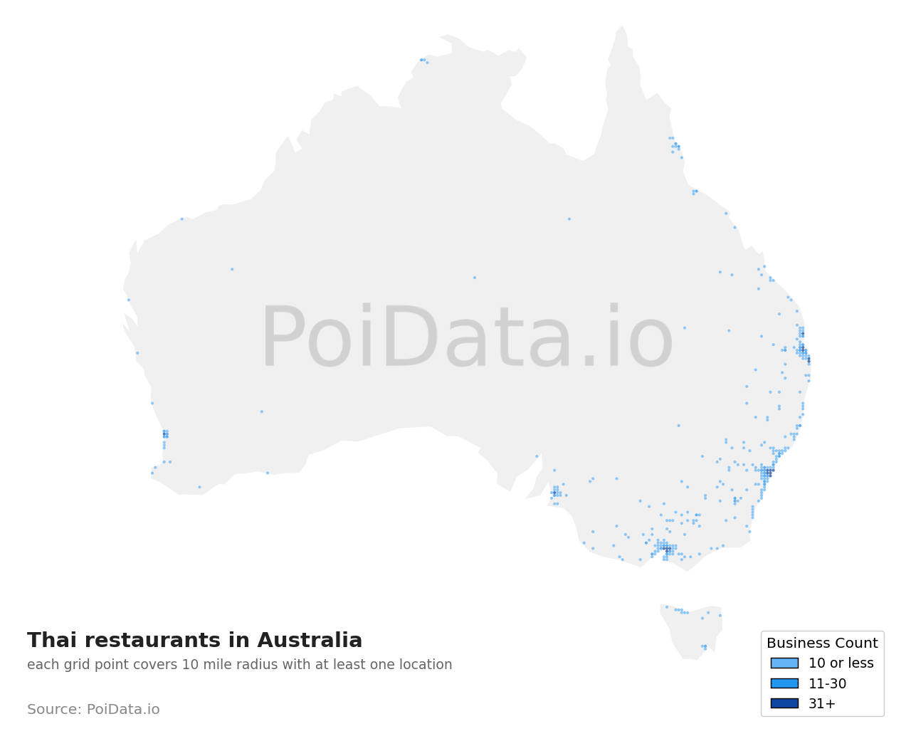 Thai restaurant density map for Australia