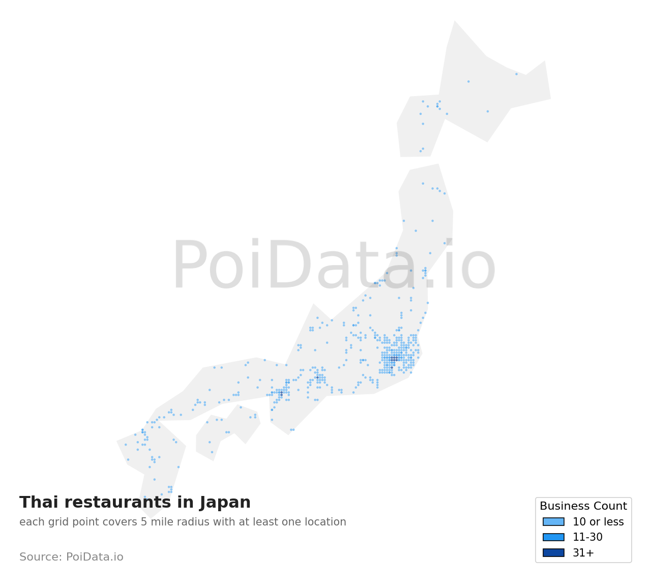 Thai restaurant density map for Japan