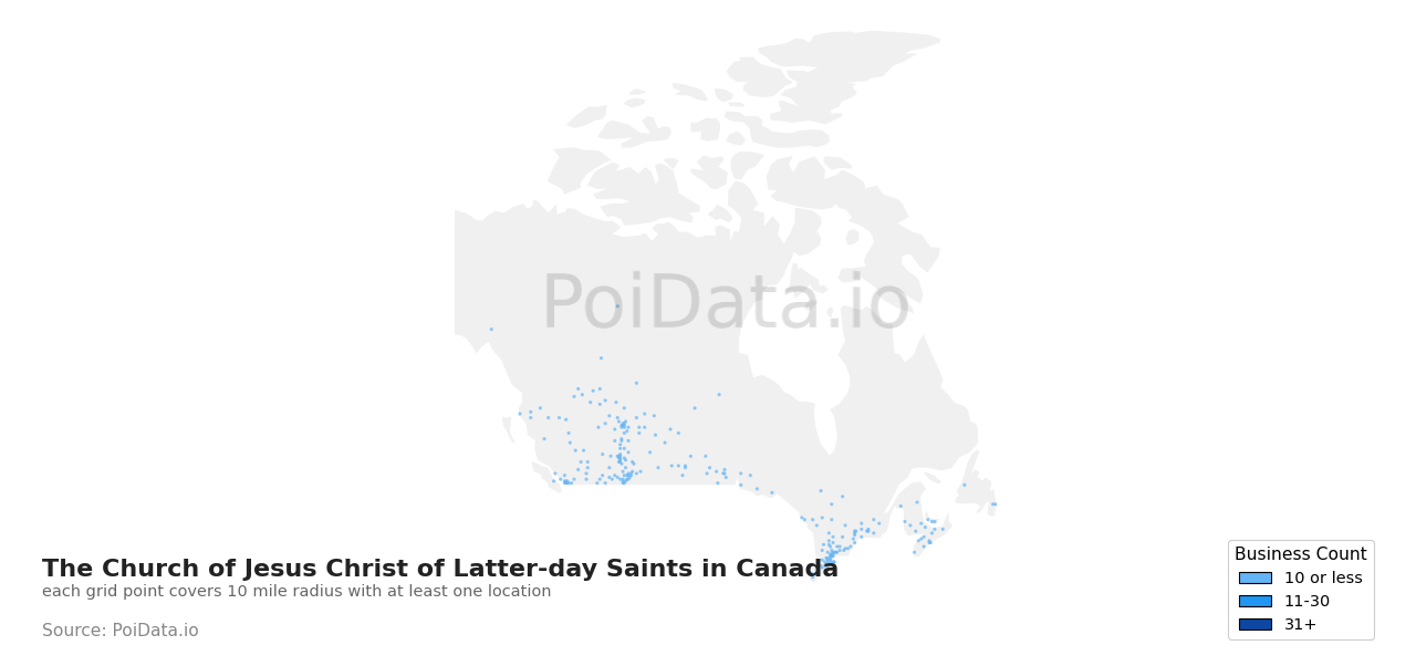The Church of Jesus Christ of Latter-day Saints density map for Canada