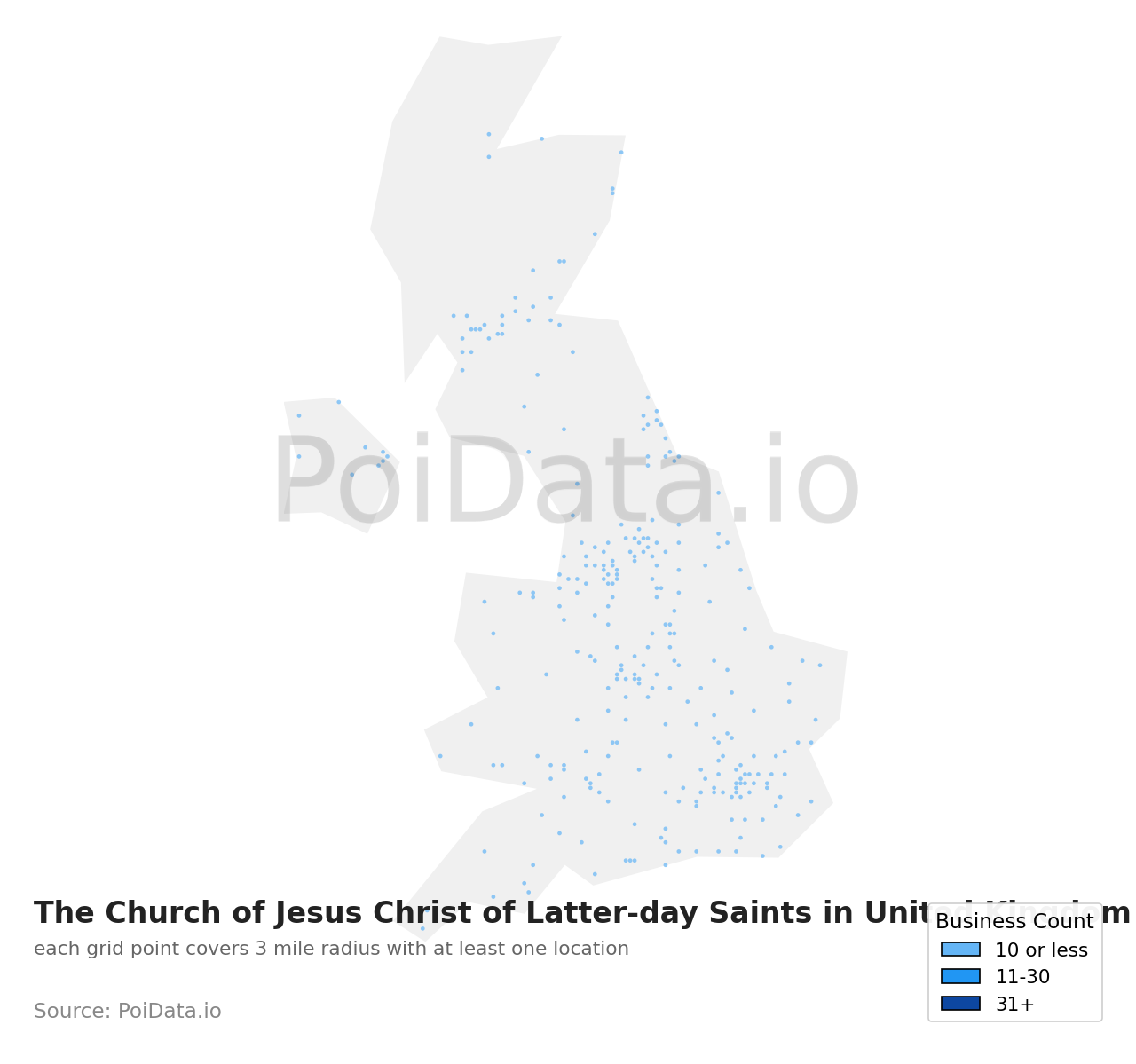 The Church of Jesus Christ of Latter-day Saints density map for United Kingdom