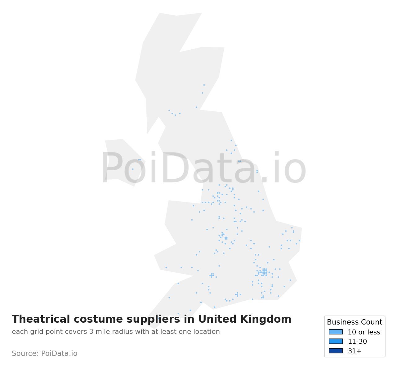 Theatrical costume supplier density map for United Kingdom