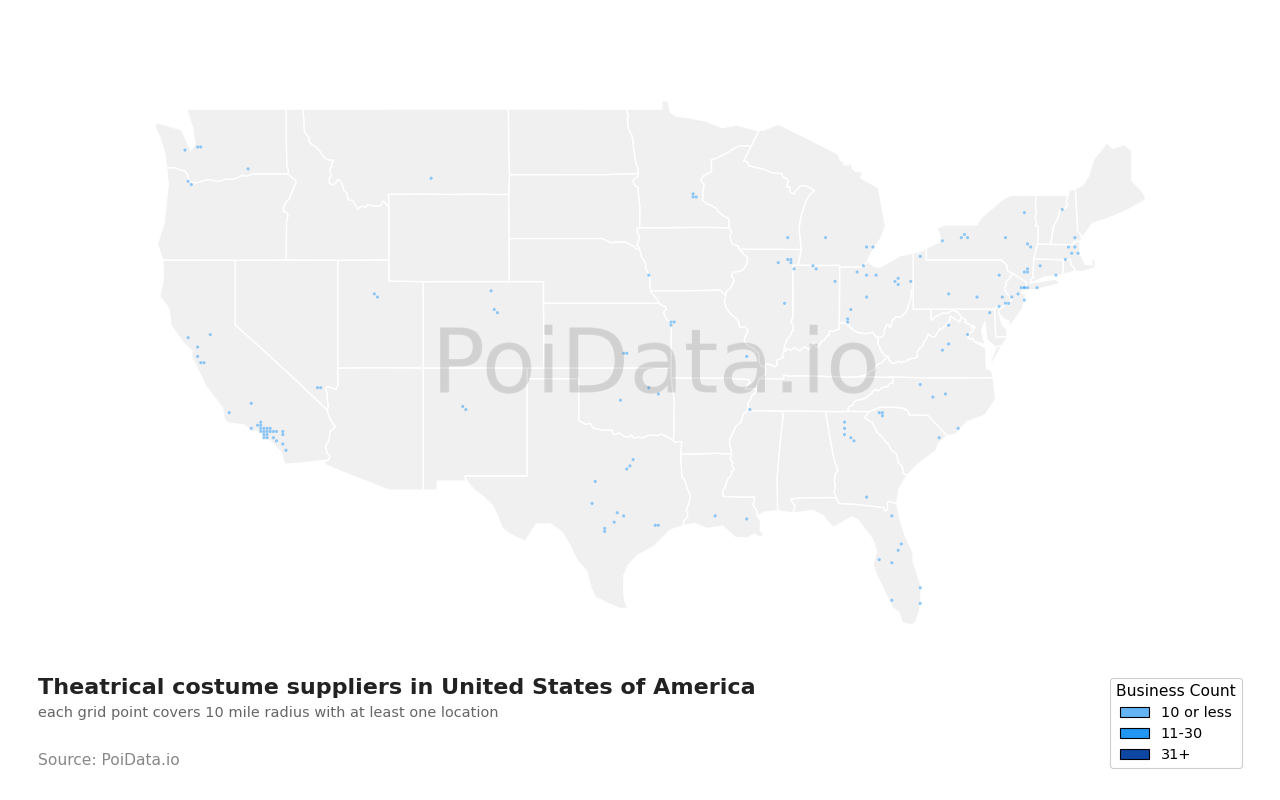 Theatrical costume supplier density map for United States