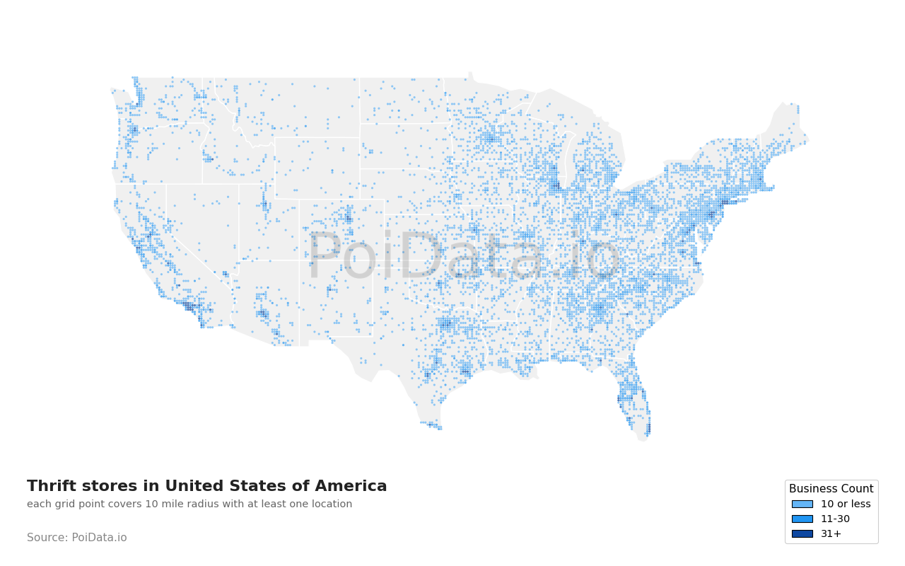 Thrift store density map for Florida, United States