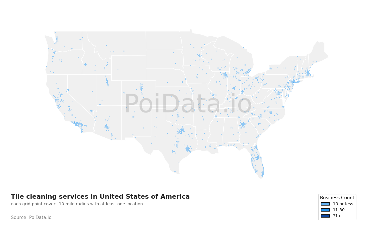 Tile cleaning service density map for Texas, United States