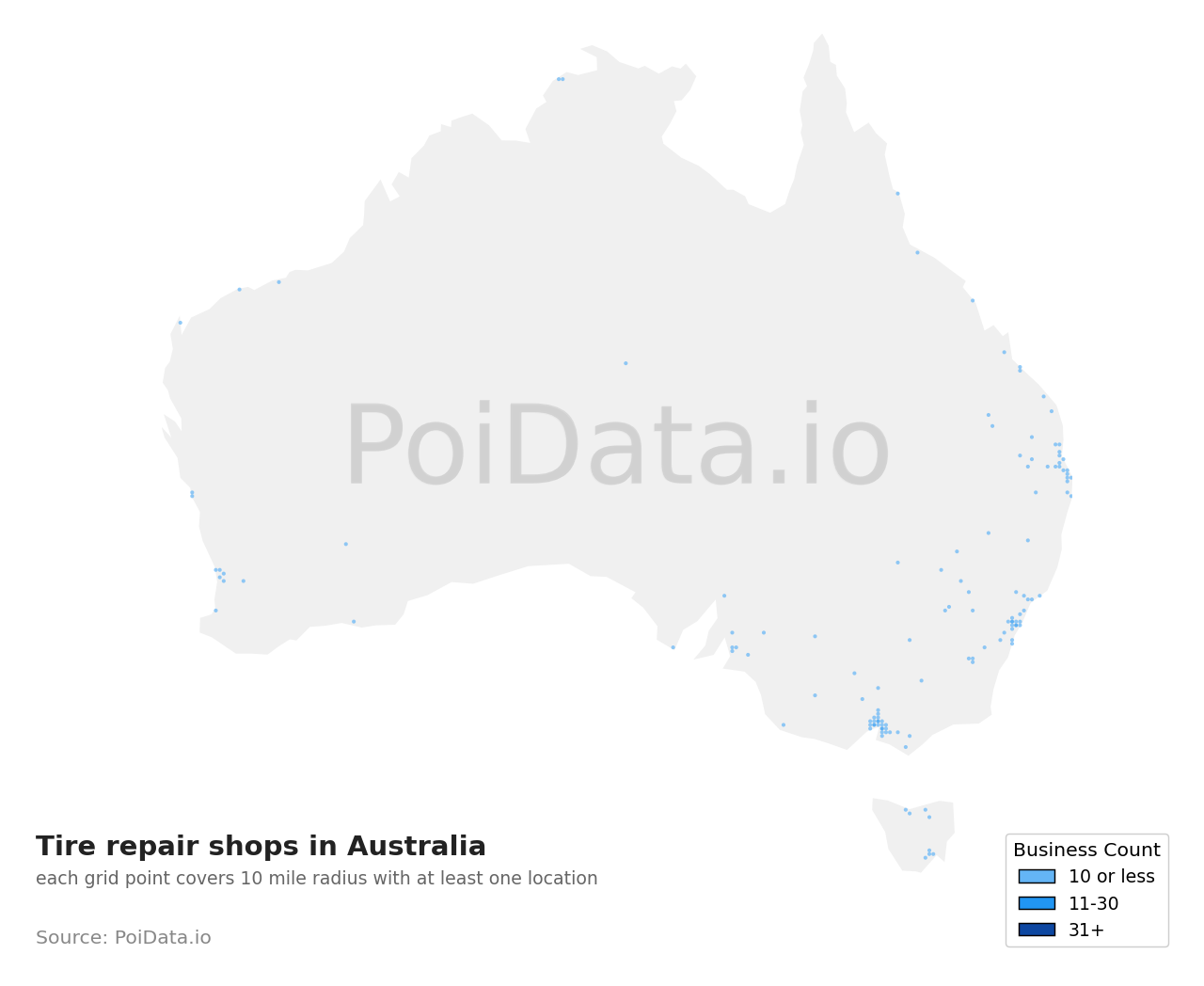 Tire repair shop density map for Australia