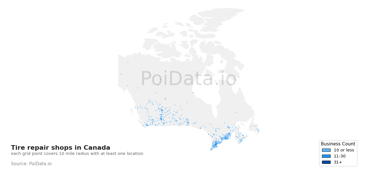 Tire repair shop density map for Canada