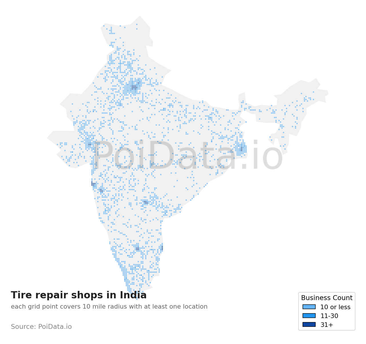 Tire repair shop density map for India
