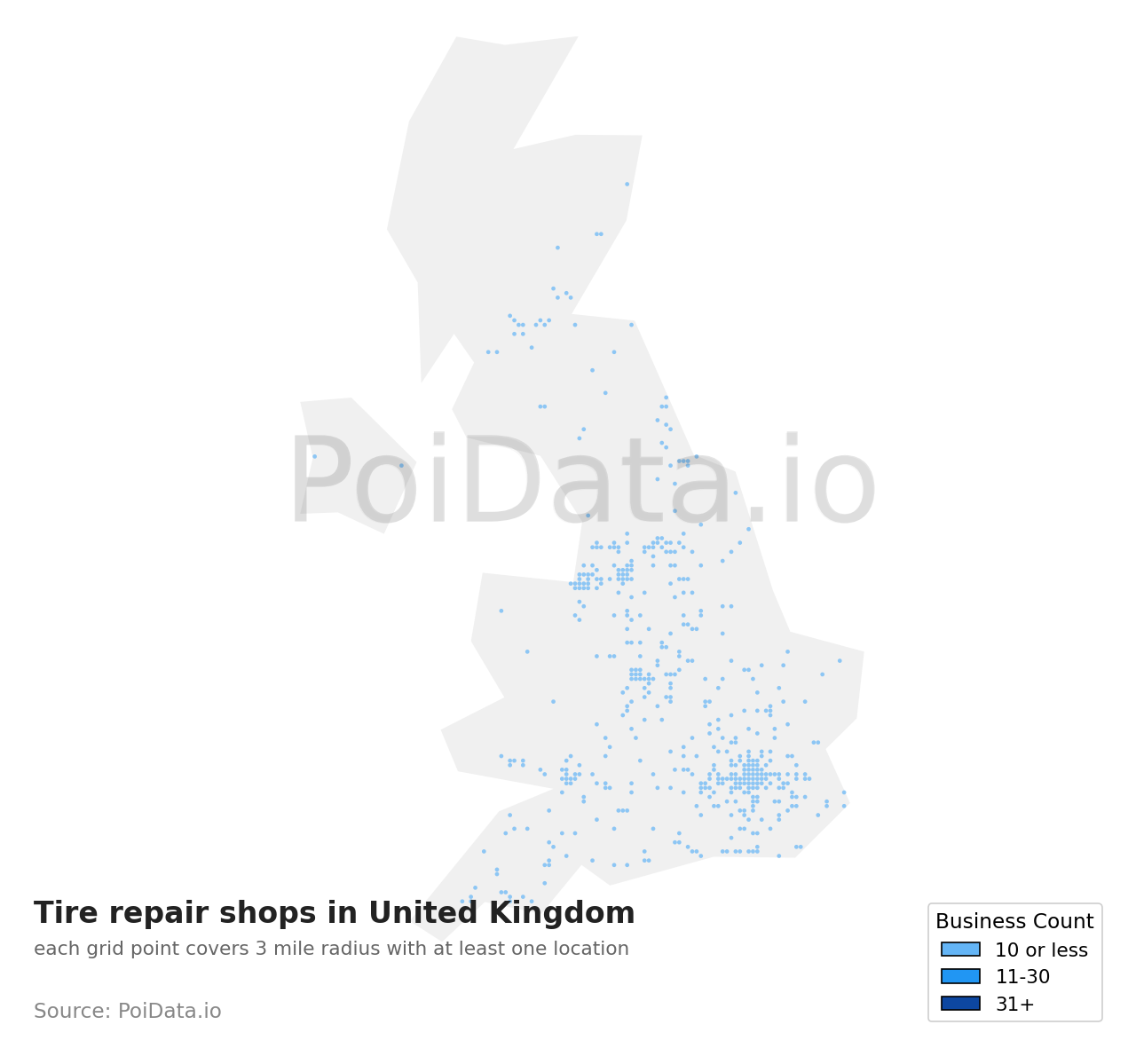 Tire repair shop density map for United Kingdom