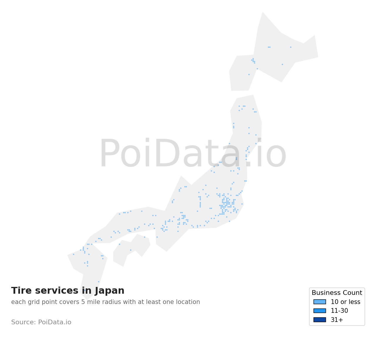 Tire service density map for Ako District, Hyogo, Japan