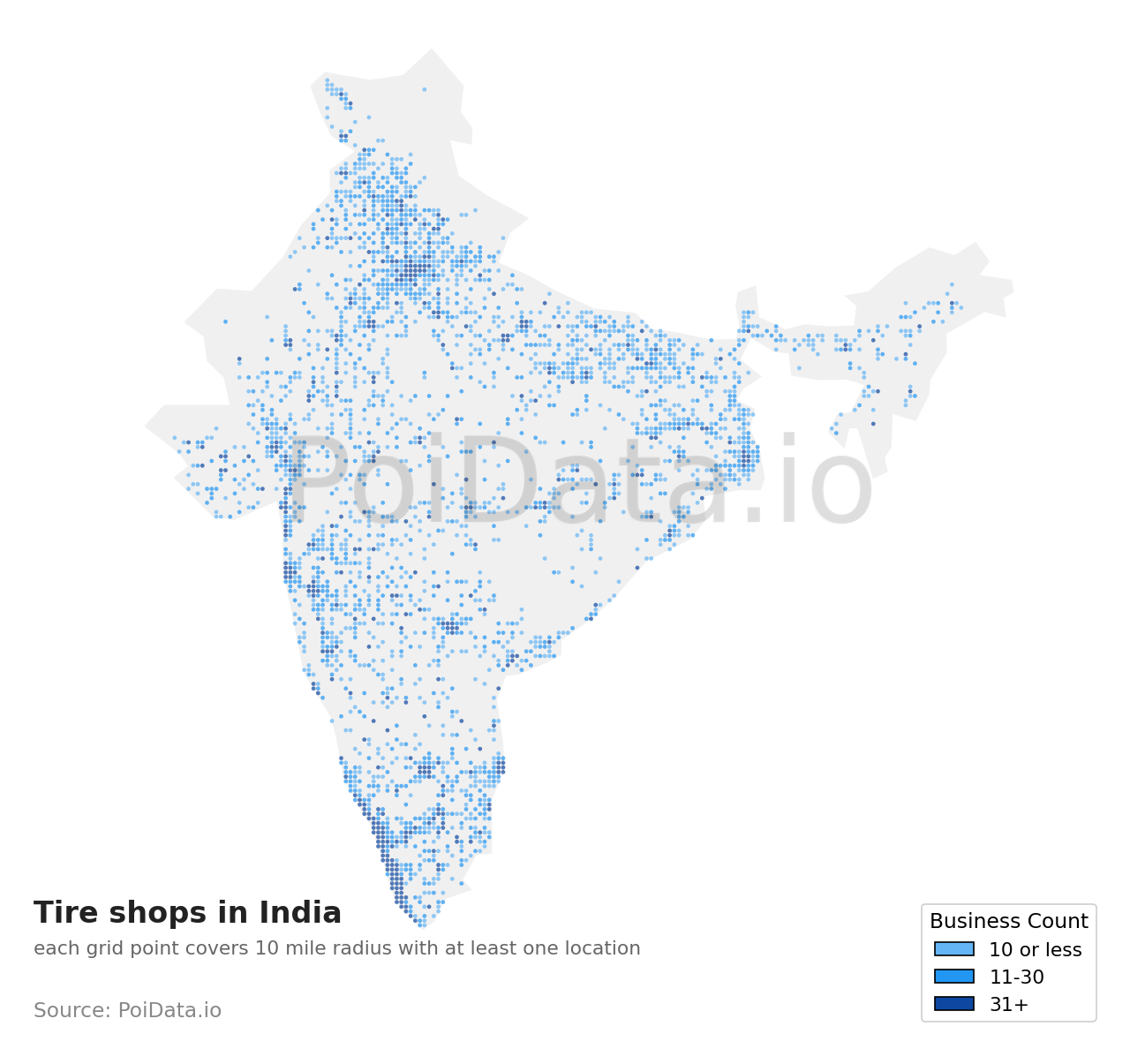 Tire shop density map for India