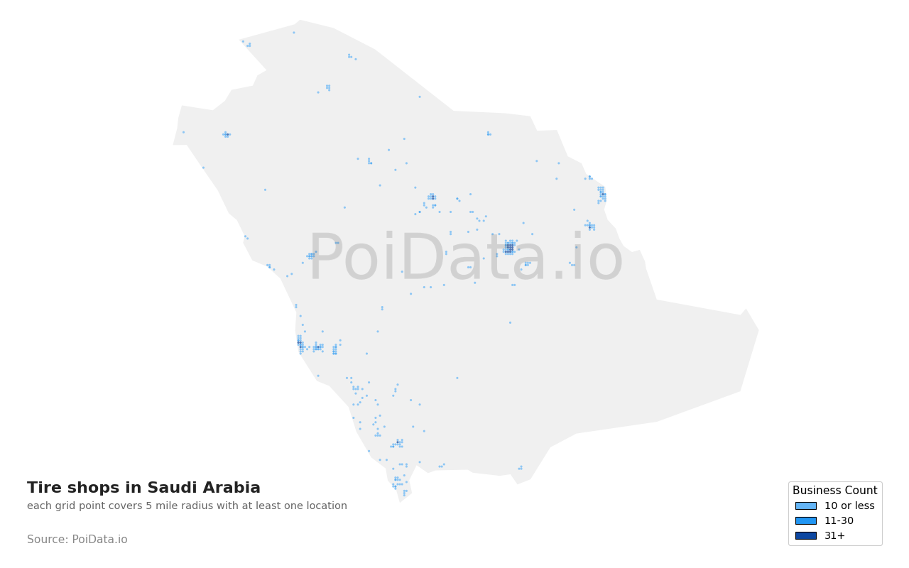 Tire shop density map for Saudi Arabia