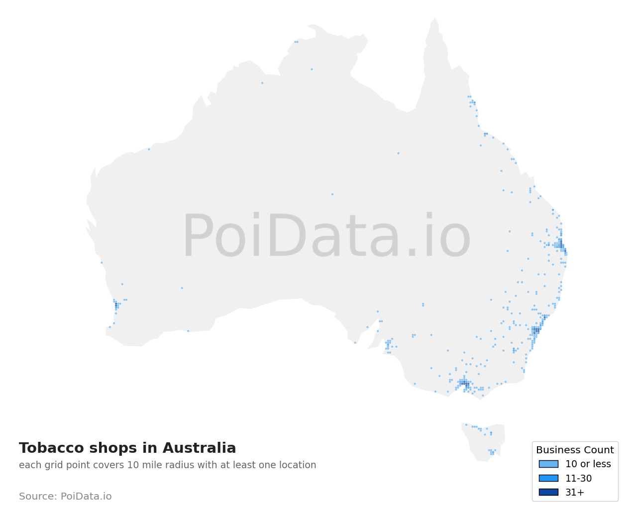 Tobacco shop density map for Australia